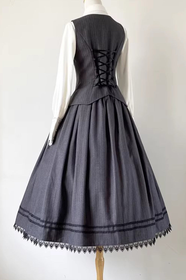 Grey [Griffin’s Pact] Striped Printed Ruffled Gothic Lolita Skirt Vest Set - Product - 6