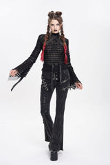 Black Stand Collar Long Sleeves Mesh Buckle Straps Women's Punk Blouse - Product - 8