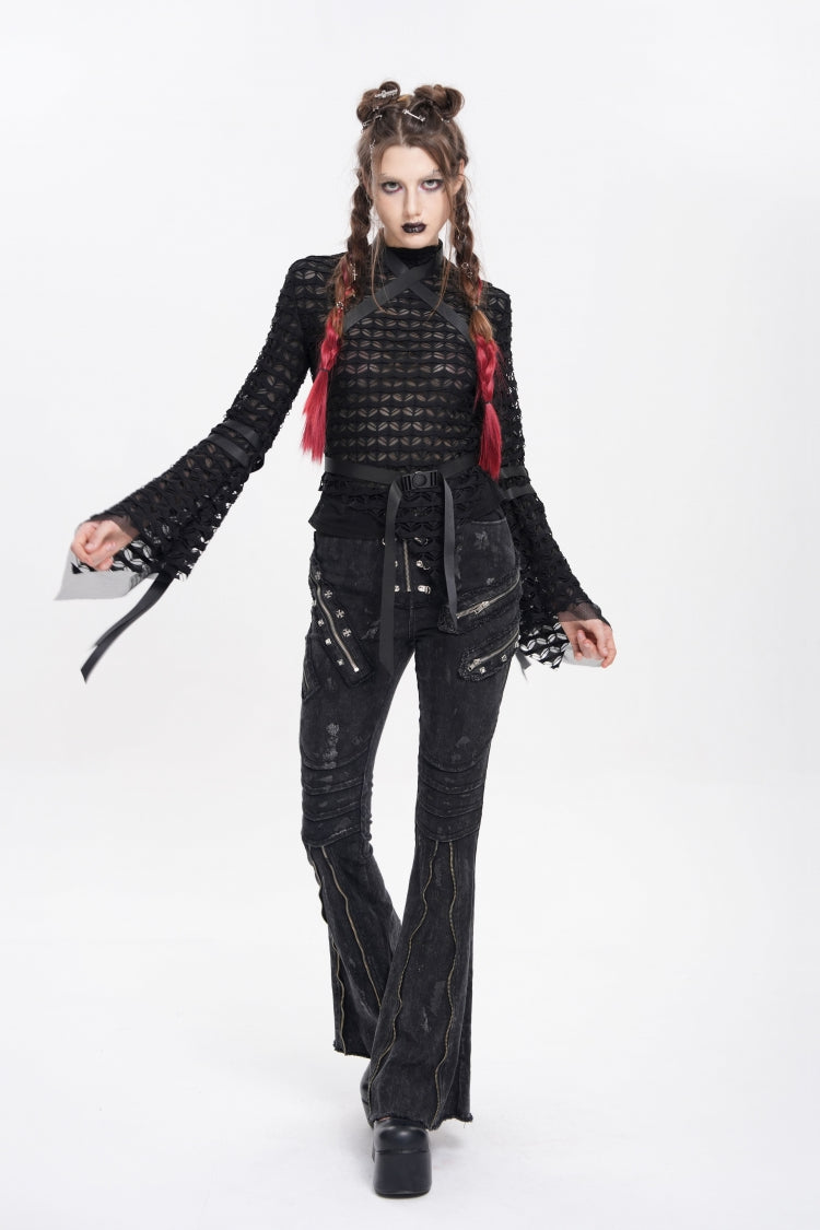 Black Stand Collar Long Sleeves Mesh Buckle Straps Women's Punk Blouse - Product - 8