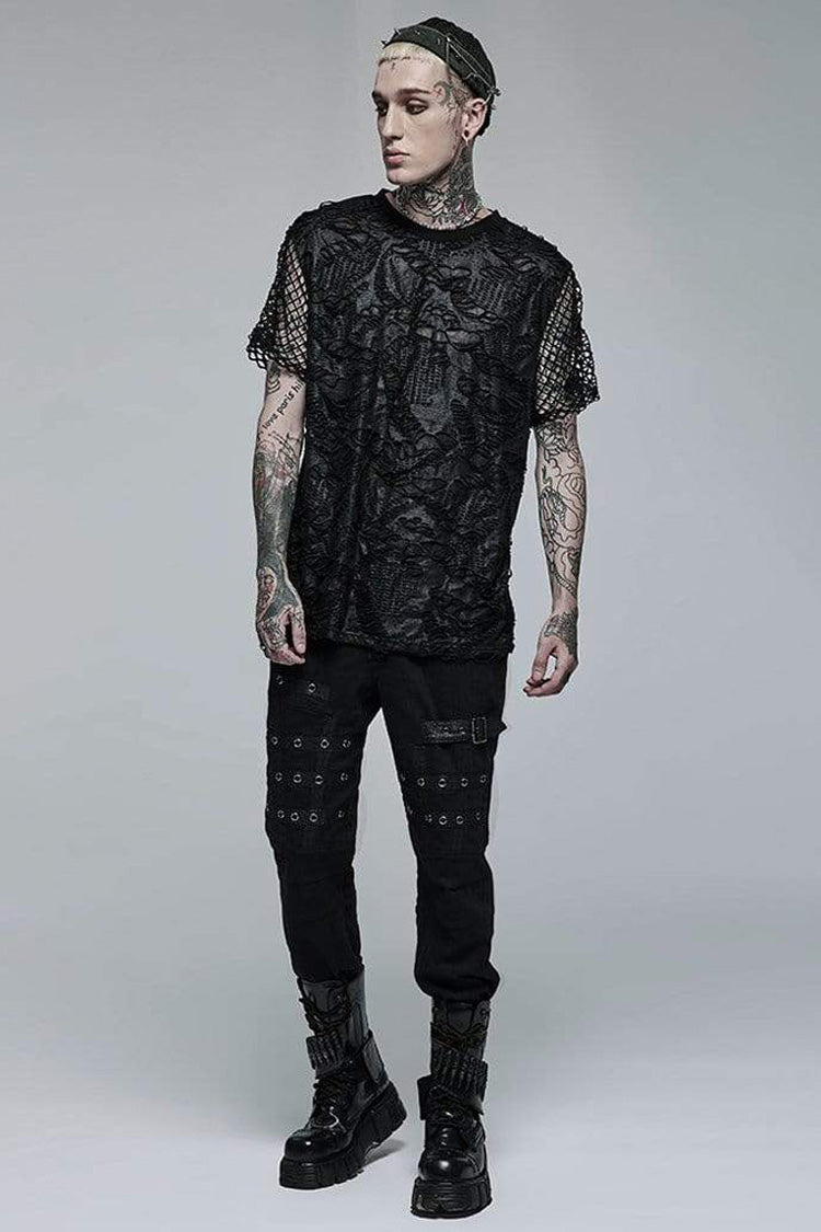 Black Punk Irregular Ripped Mesh Stitching Stretch Loose Knit Short Sleeved Men's T-Shirt - Product - 4