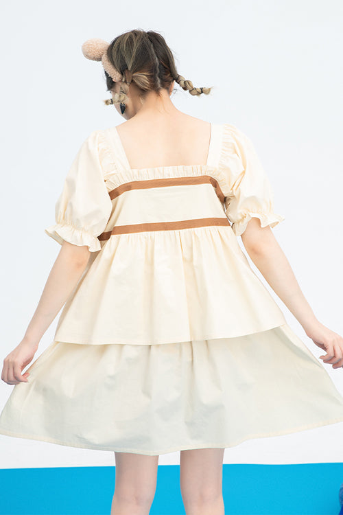 Beige Vintage Square Collar Ruffled Short Sleeves Cartoon Bear Print High Waisted Sweet Lolita Dress - Product - 7
