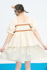 Beige Vintage Square Collar Ruffled Short Sleeves Cartoon Bear Print High Waisted Sweet Lolita Dress - Product - 7