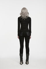 Black High Collar Long Sleeves Cut-Out Patchwork Slim Fit Asymmetric Buckled Women's Punk Cool Top - Product - 4