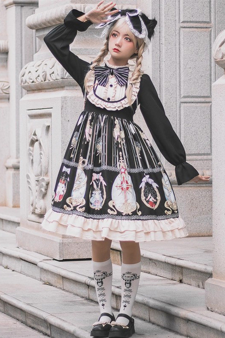 Black Easter Stand Collar Long Sleeves Print Ruffle Bowknot Sweet Plus Size Lolita Dress - Product - 4