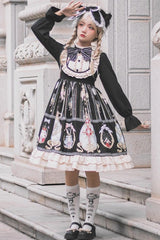 Black Easter Stand Collar Long Sleeves Print Ruffle Bowknot Sweet Plus Size Lolita Dress - Product - 4