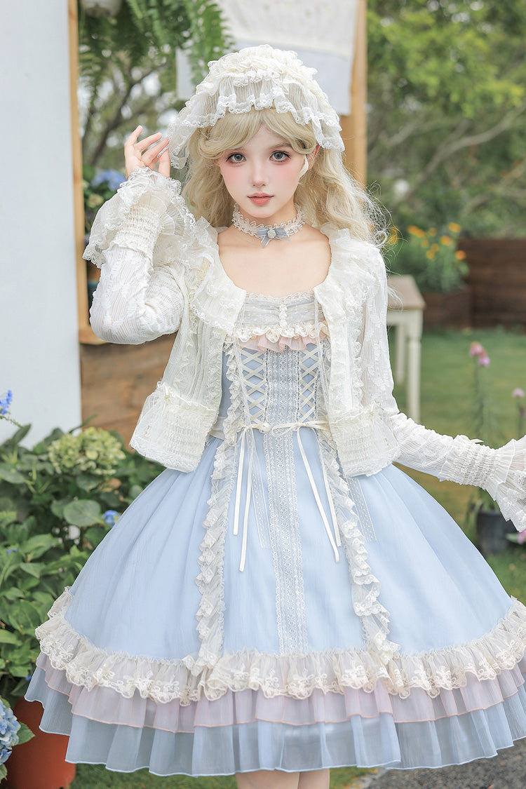 Blue [Island Diary] Square Collar Flutter Sleeves Triple-Layered Ruffled Lace-Up Sweet Lolita Jsk Dress 2 Versions - Product - 19
