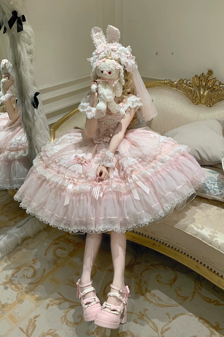 Pink [Sakura Bunny Ballad] Square Collar Flutter Sleeves Jacquard Ruffled Bow Lace Sweet Elegant Luxurious Long Lolita Jsk Dress - Product - 13