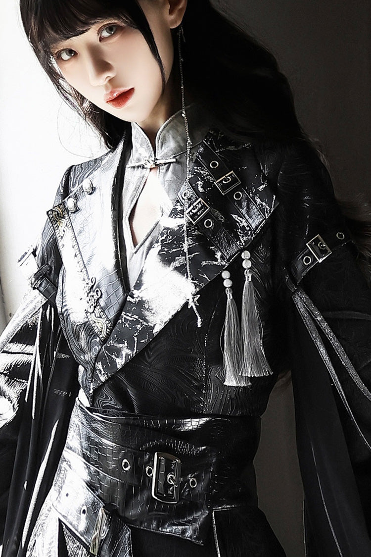 Black [Shadow Dragon Diving Into the Abyss] Long Sleeves Jacquard Embroidered Gothic Chinese Inspired Hanfu Ouji Lolita Set - Product - 8