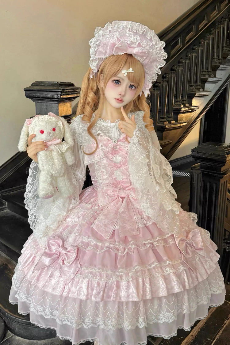 Pink [Dream-Sinking Pearl Veil] Doll-Style Sleeveless Multi-Layered Ruffled Bow Lace Daily Sweet Lolita Dress - Product - 3