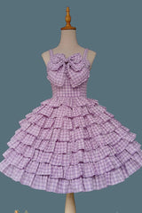 Multi-layer Plaid Print Ruffle Bowknot Sweet Lolita Tiered Dress 3 Colors - Purple - 5
