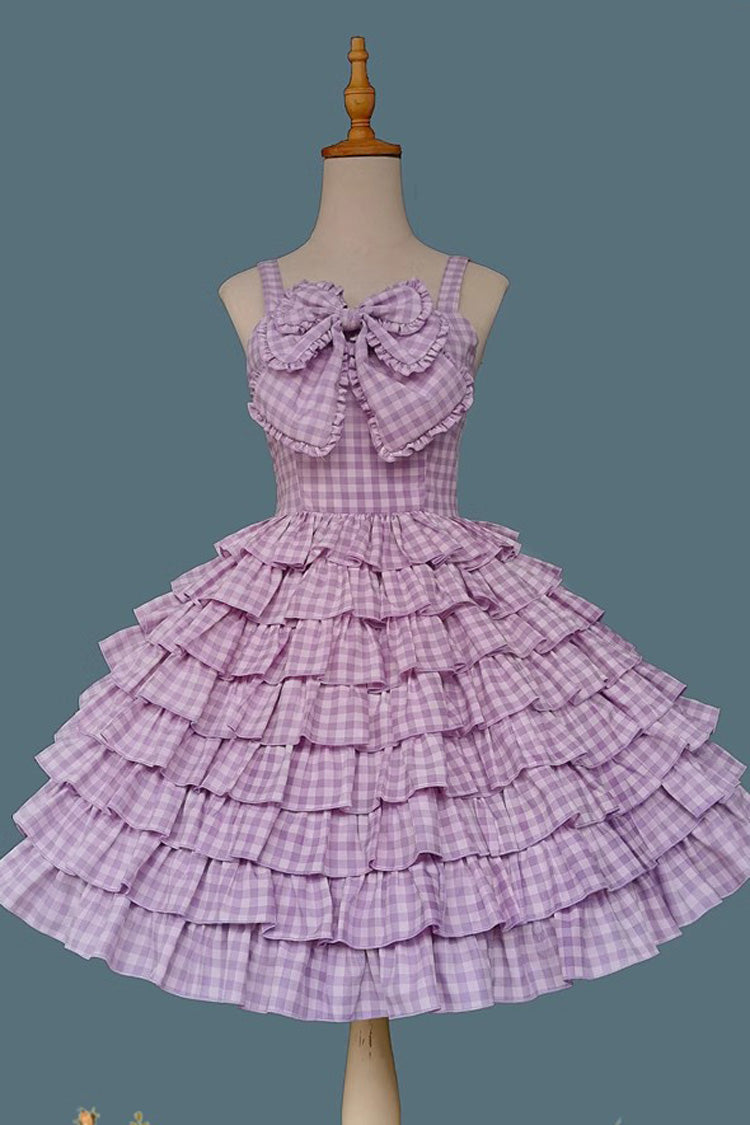 Multi-layer Plaid Print Ruffle Bowknot Sweet Lolita Tiered Dress 3 Colors - Purple - 5