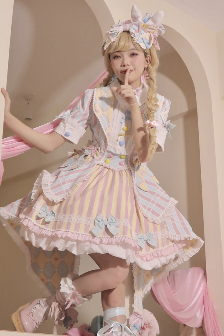 Blue/Pink Short Sleeves Weird Theater Print Ruffle Bowknot Sweet (Dress Only) detail view 5