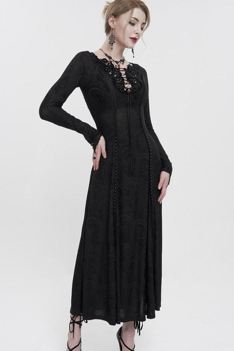Black Long Sleeve Long Knitting Symmetrical Applique And String at The Chest Women's Gothic Dress - Product - 2