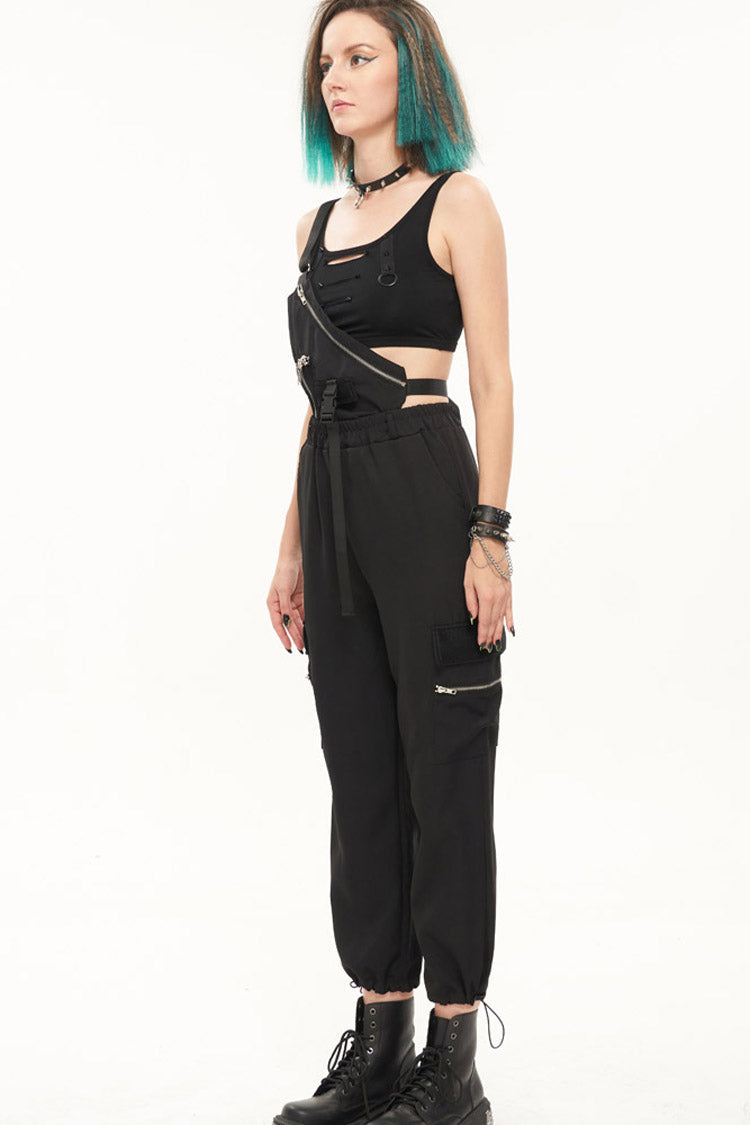 Black Punk Casual Single Shoulder Multiple Pockets Skull Head Decoration Strap Women's Pants - Product - 5