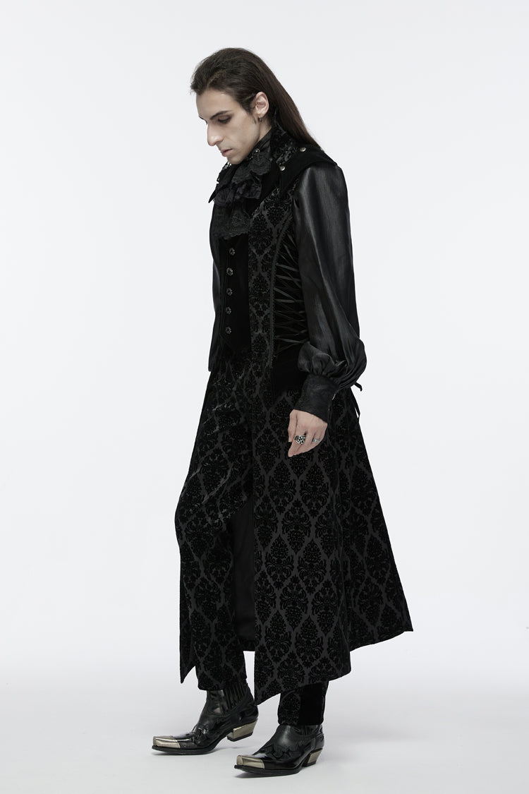 Black Sleeveless Floral Print Lace-Up Men's Gothic Waistcoat - Product - 4