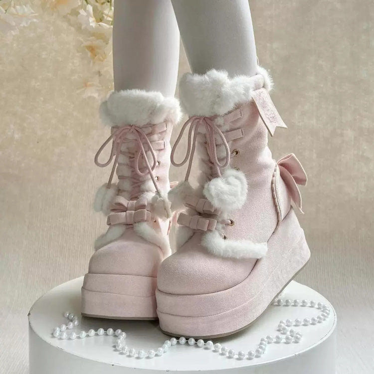 Pink Cute Platform Thick-Soled Bowknot Lace-Up Sweet Lolita Plush Boots - Product - 3