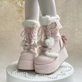 Pink Cute Platform Thick-Soled Bowknot Lace-Up Sweet Lolita Plush Boots - Product - 3