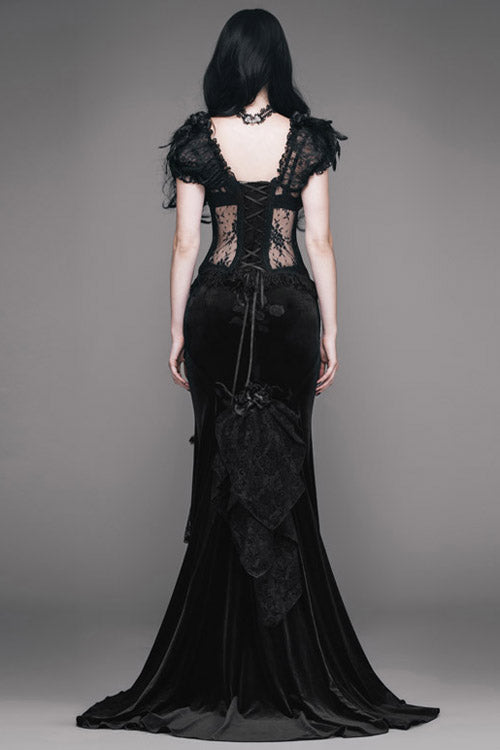 Black Rose Embossed Gothic Velvet Long Womens Half Fishtail Skirt - Product - 3