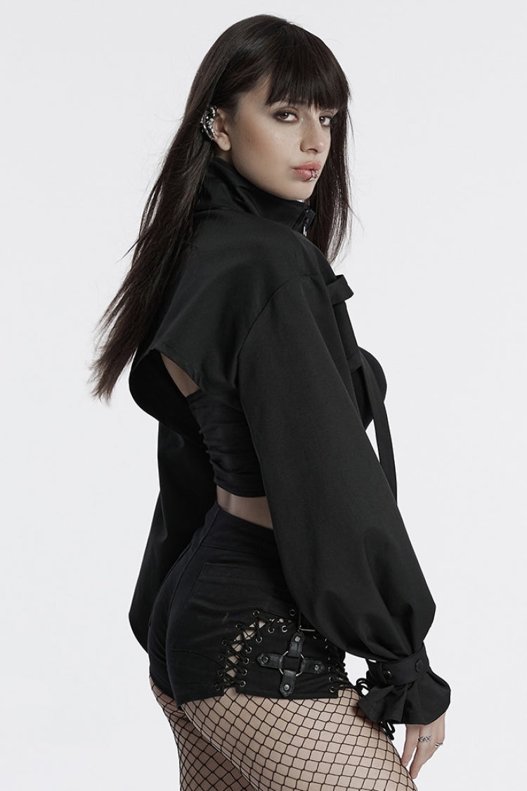 Black Stand Collar Long Sleeves Straps Women's Punk Cape - Product - 2