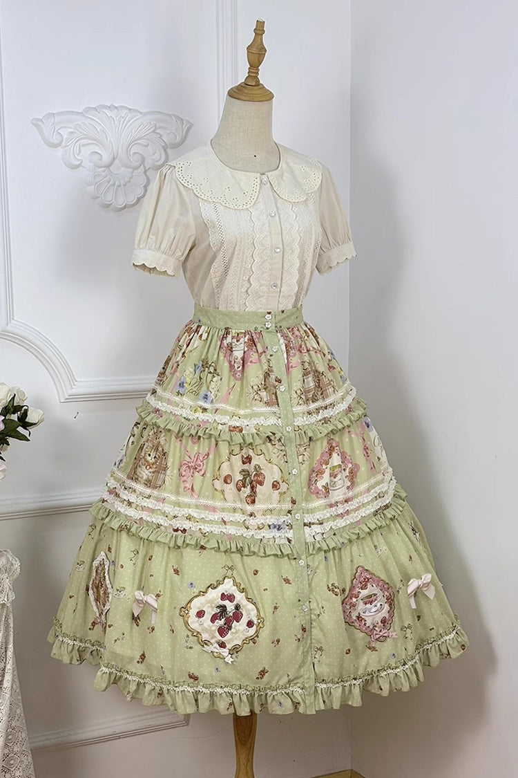 Green [Cat Rose Tea] Print Ruffle Sweet Gorgeous Lolita Skirt - Product - 2