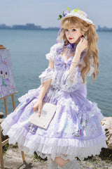 Purple [Wisteria Garden] Square Collar Triple-Layered Printed Ruffled Bow Lace Sweet Lolita Dress Set - Product - 4