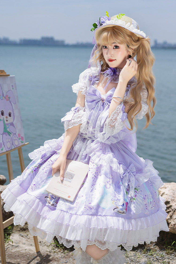 Purple [Wisteria Garden] Square Collar Triple-Layered Printed Ruffled Bow Lace Sweet Lolita Dress Set - Product - 4