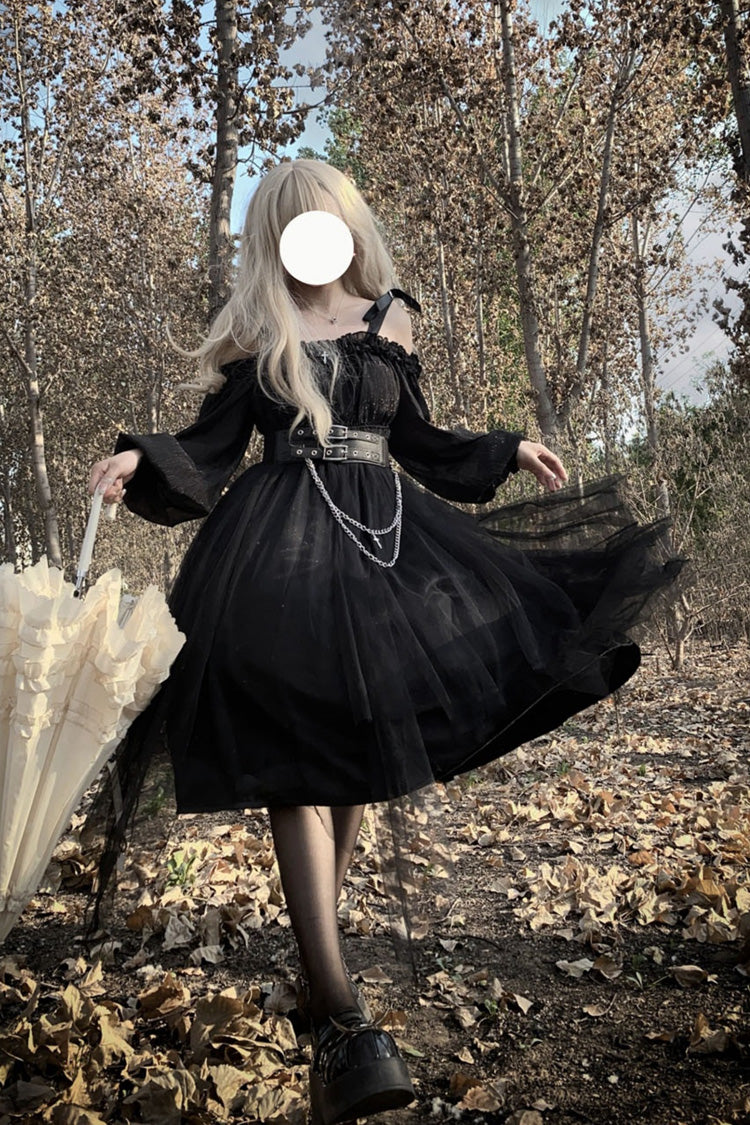 Black Long Sleeves Ruffle Bowknot Stitching Lace Gothic Plus Size Lolita Dress - Product - 7