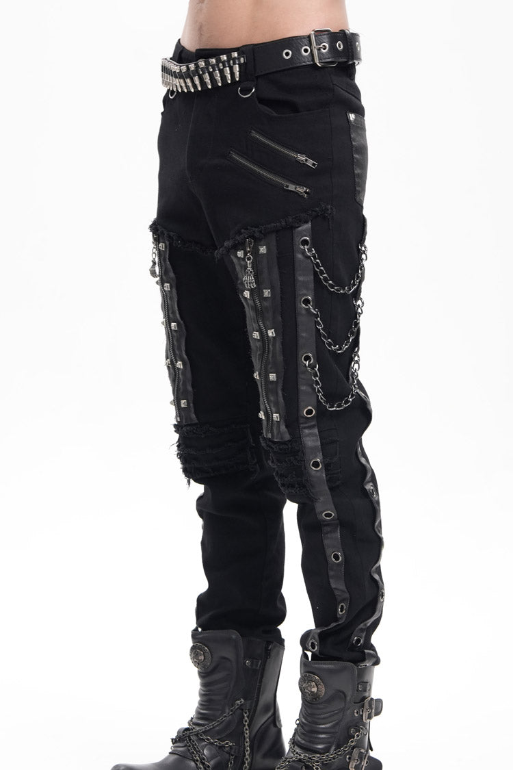 Black Stitching Eyelets Chains Studs Men's Gothic Pants - Product - 2