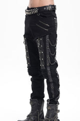 Black Stitching Eyelets Chains Studs Men's Gothic Pants - Product - 2