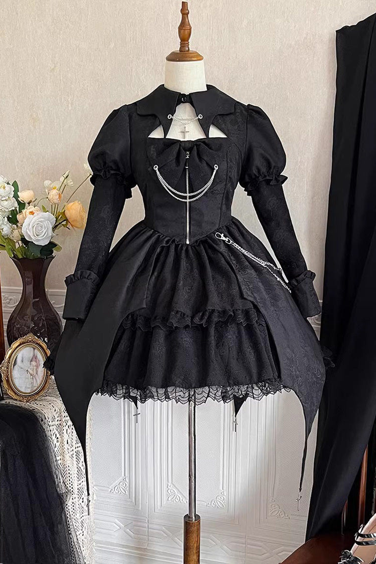 Black Dark Night Law Long Sleeves High Waisted Cardigan Bowknot Lace Gothic Lolita Dress - Product - 12