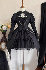 Black Dark Night Law Long Sleeves High Waisted Cardigan Bowknot Lace Gothic Lolita Dress - Product - 12