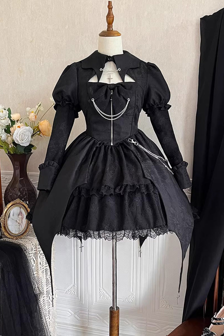 Black Dark Night Law Long Sleeves High Waisted Cardigan Bowknot Lace Gothic Lolita Dress - Product - 12
