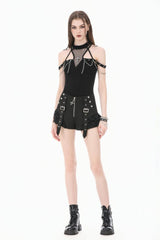 Black High Waisted Ruffled Lace Patchwork Buckled Straps Cross Zippered Women's Punk Shorts - Product - 8