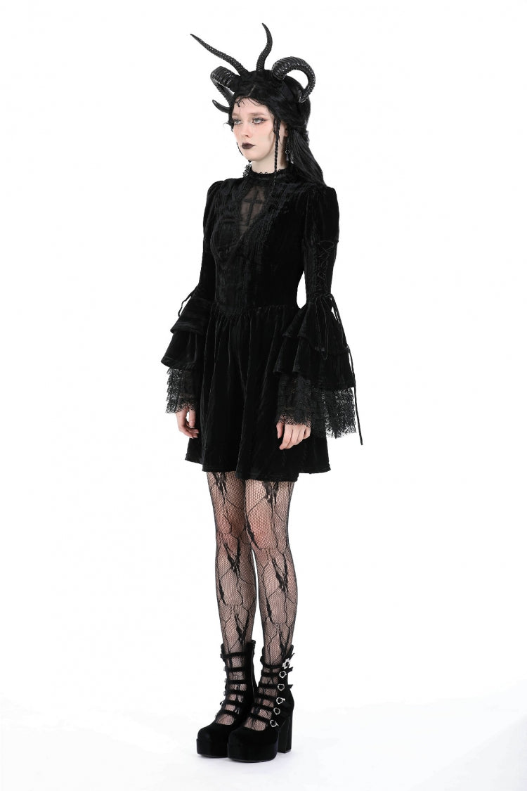 Black Women's Gothic Cross Lace Ruffled Stand Collar Long Flared Sleeves Lace-Up Velvet Dress - Product - 9