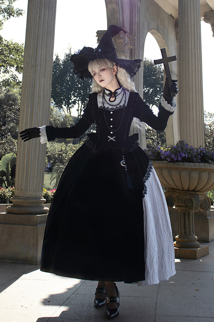 Black Witch Long Sleeves Ruffle Bowknot Stitching Lace Gothic Lolita Long Dress - Product - 3