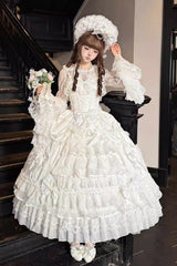 White [Ode of the Curtain] Multi-Layered Ruffled Hanayome Open-Front Bow Lace Lace-Up Sweet Long Lolita Jsk Dress - Product - 4