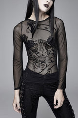 Black Mesh Horn Sleeve Snake Flocking Printed Women's Gothic Shirt - Black - 1