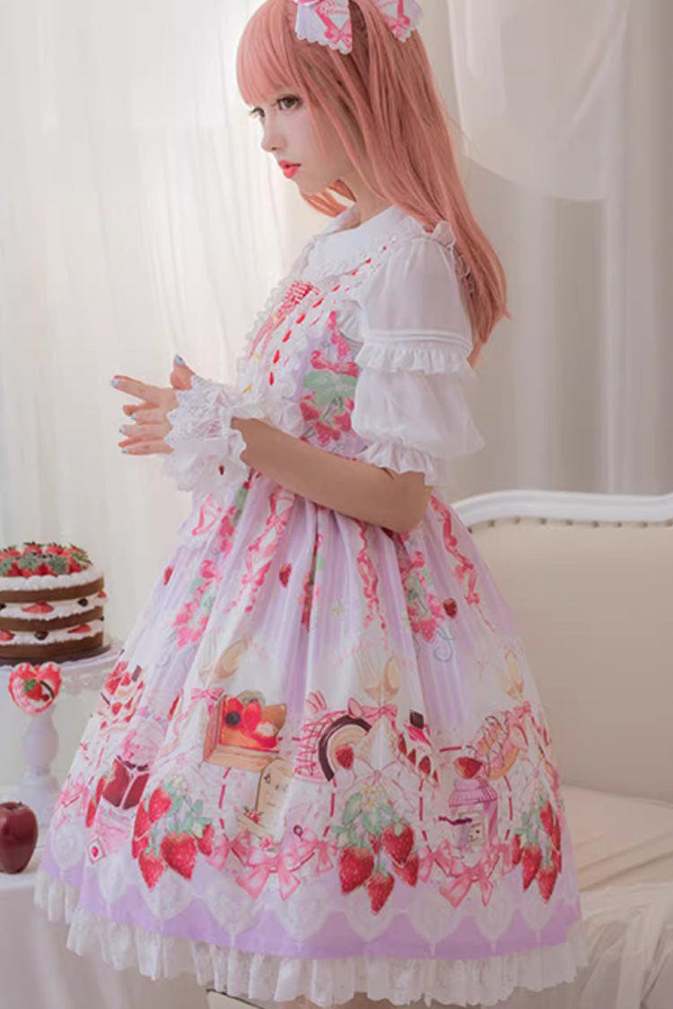 [Strawberry Feast] Sleeveless Printed Ruffled Bow Sweet Lolita Jsk Dress 4 Colors - Product - 4
