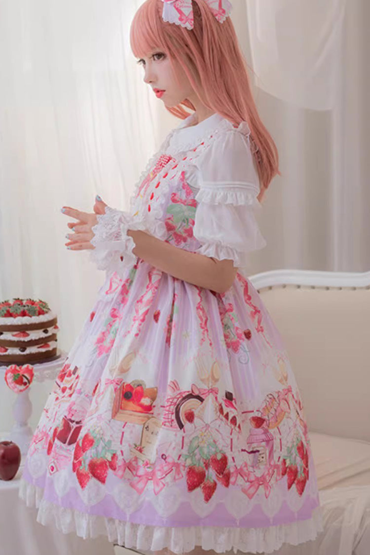 [Strawberry Feast] Sleeveless Printed Ruffled Bow Sweet Lolita Jsk Dress 4 Colors - Product - 4