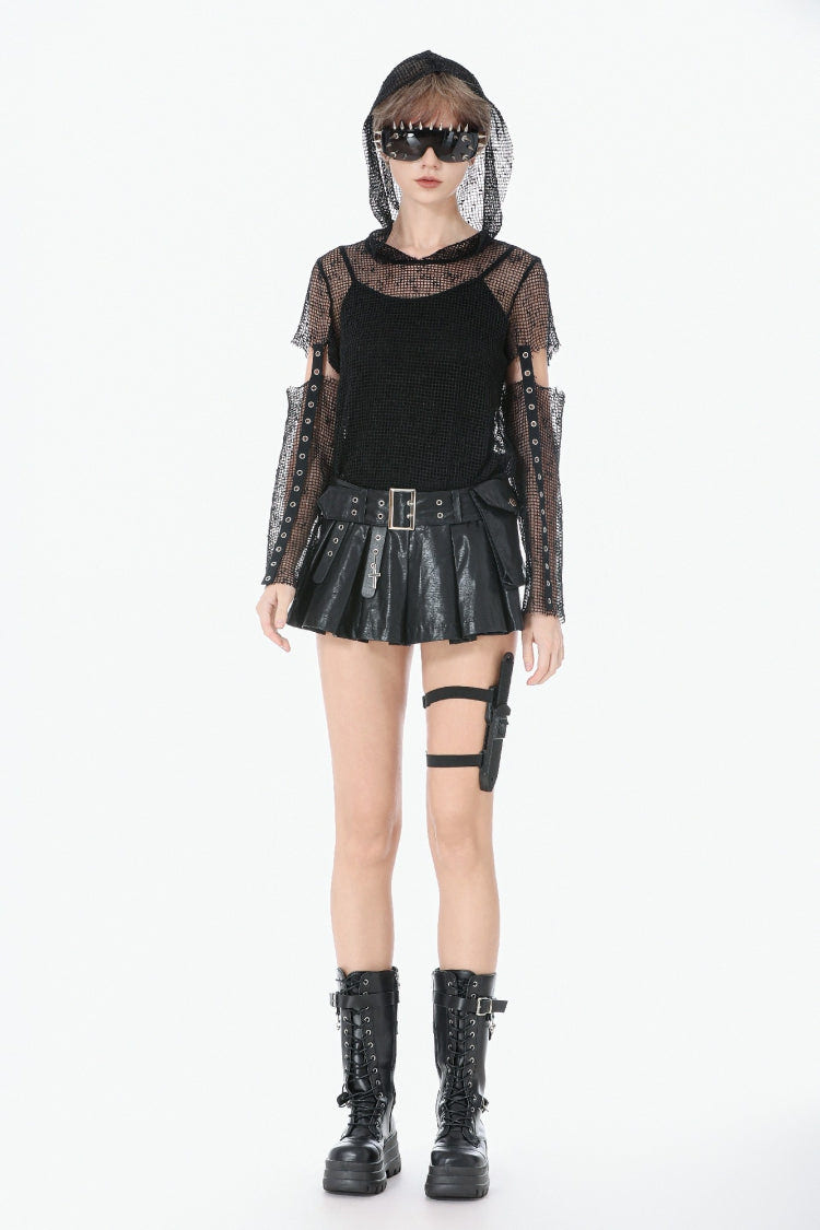 Black Low Waisted Eyelet Women's Punk Shorts with Asymmetric Pleated Belt - Product - 5