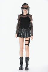 Black Low Waisted Eyelet Women's Punk Shorts with Asymmetric Pleated Belt - Product - 5