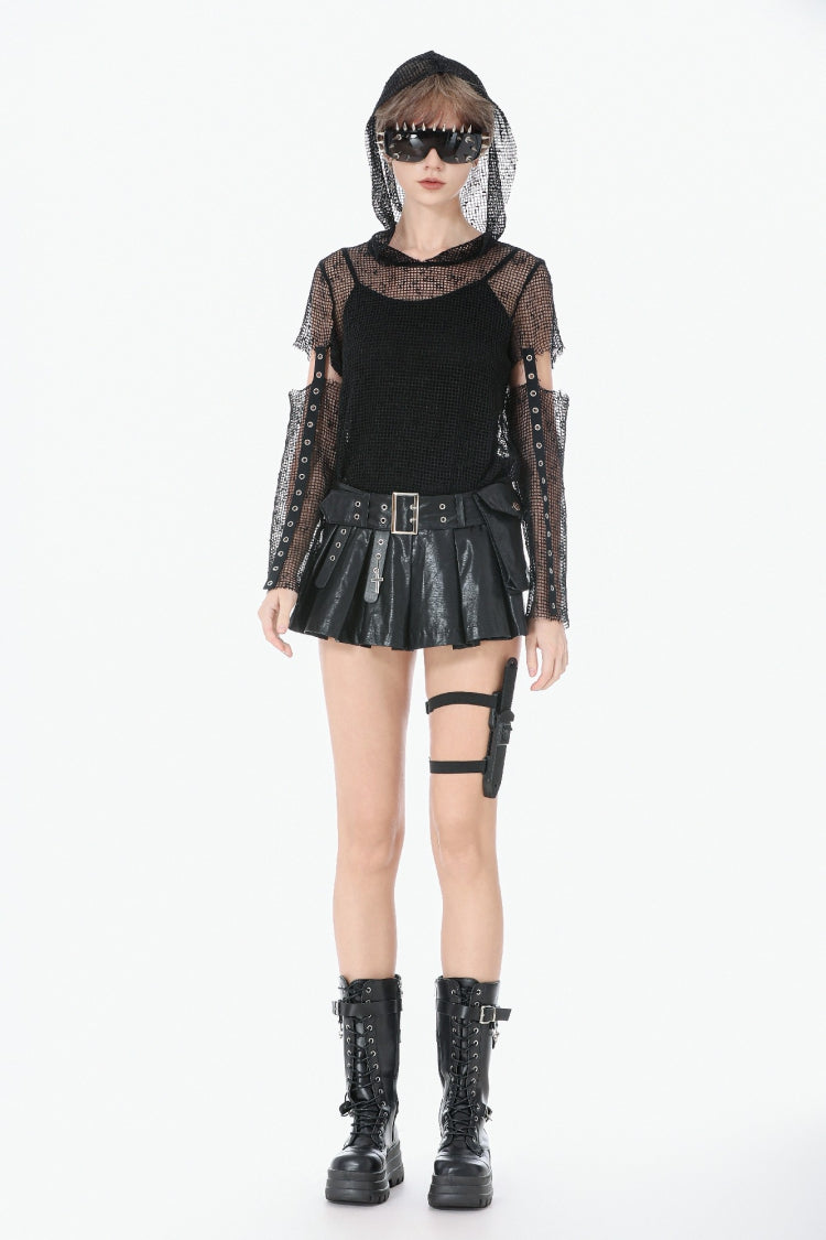 Black Low Waisted Eyelet Women's Punk Shorts with Asymmetric Pleated Belt - Product - 5