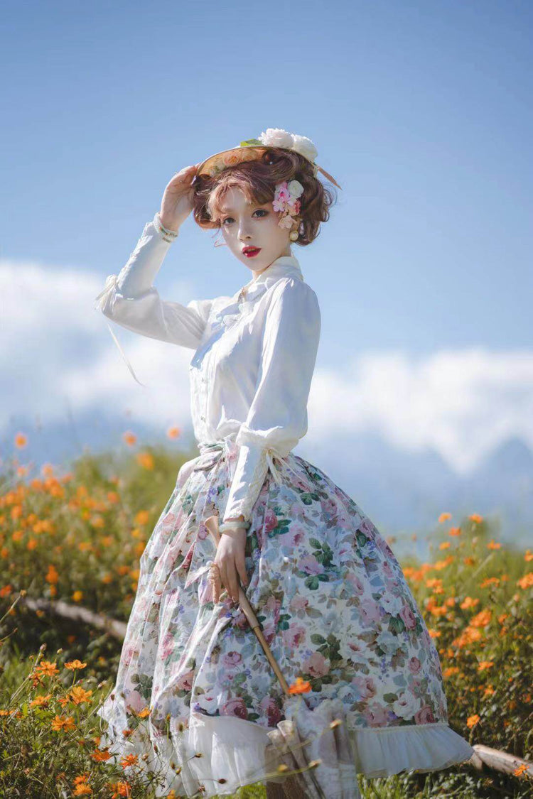 White [Afternoon Tea] Floral Printed Ruffled Sweet Lolita Skirt - Product - 6