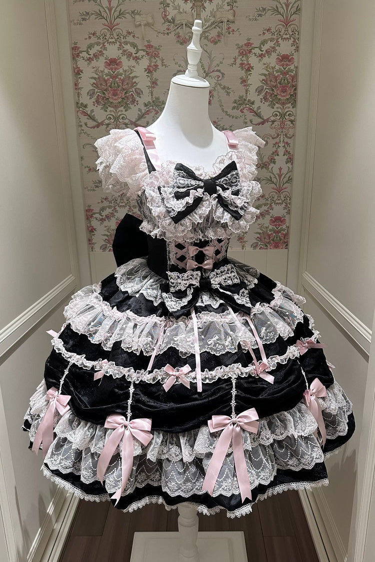 Black/Pink [Silk Satin Gift Box] Square Collar Sleeveless Multi-Layered Ruffled Bow Lace Sweet Lolita Jsk Dress - Black/Pink - 1