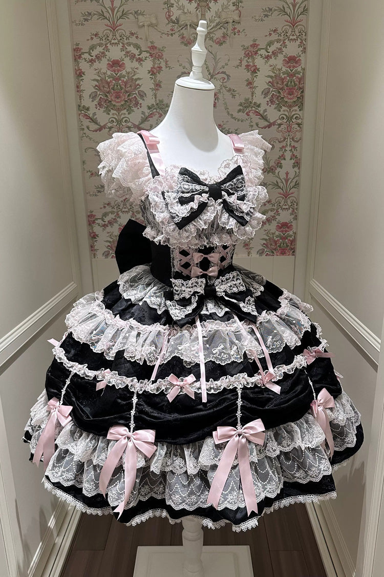 Black/Pink [Silk Satin Gift Box] Square Collar Sleeveless Multi-Layered Ruffled Bow Lace Sweet Lolita Jsk Dress - Black/Pink - 1
