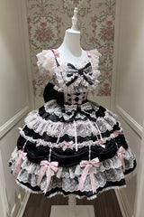 Black/Pink [Silk Satin Gift Box] Square Collar Sleeveless Multi-Layered Ruffled Bow Lace Sweet Lolita Jsk Dress - Black/Pink - 1