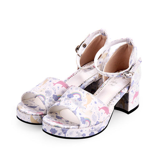Dreamy Cute Fish Printing Round toe Sweet Lolita Sandals - White - 2