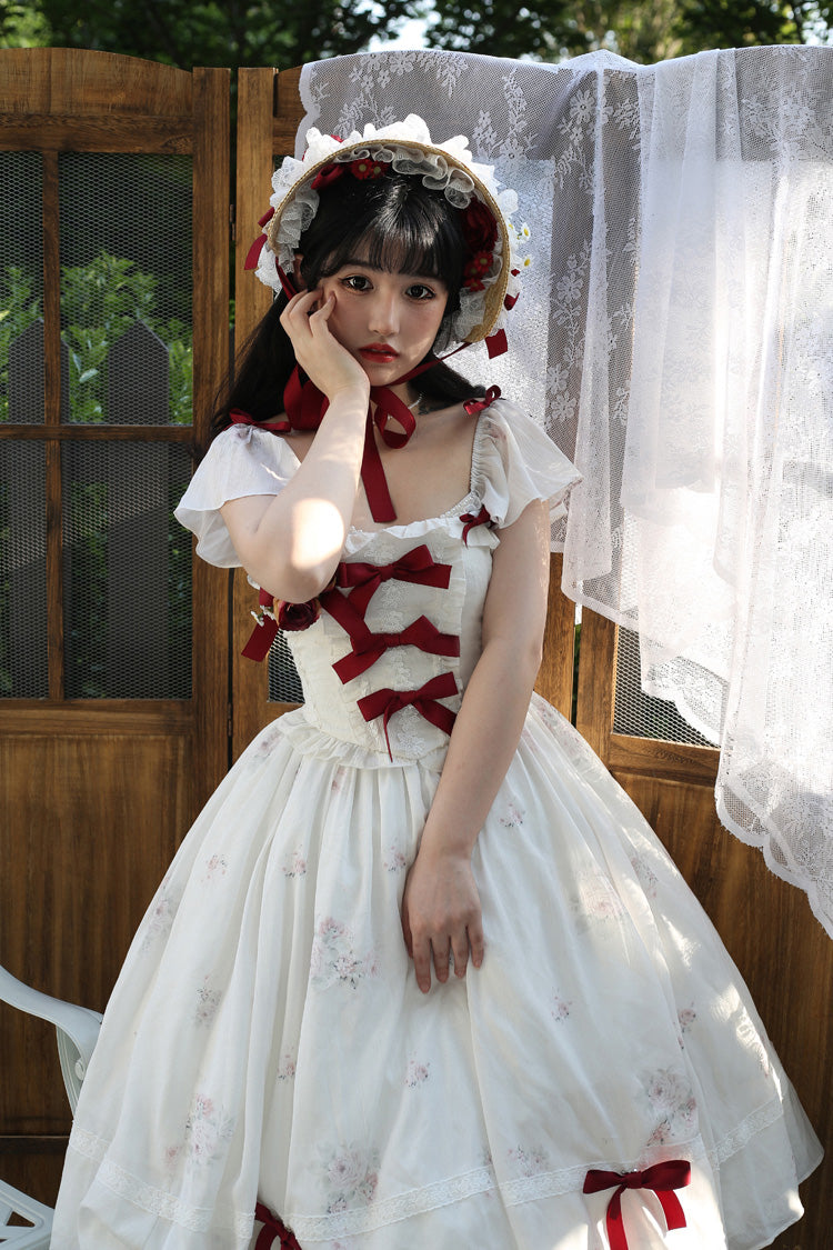Rose Elegant Short Sleeves Print Ruffle Bowknot Sweet Plus Size Lolita Dress 2 Colors - Product - 10