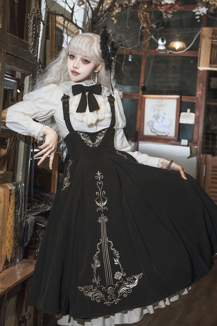 Black/White [Violin Variations] Ruffled Embroidered Gothic Lolita Jumper Dress Set - Product - 7