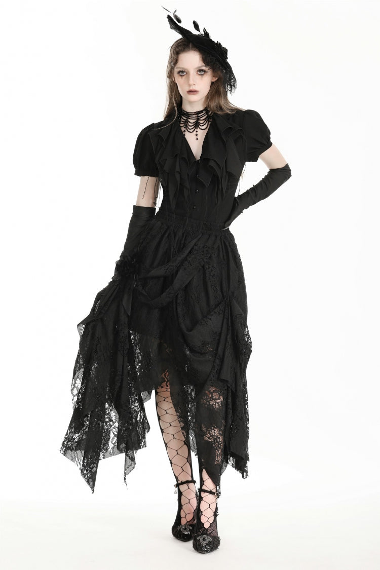 Black Women's Gothic Lace Irregular Distressed Hanky‑Hem Skirt - Product - 8